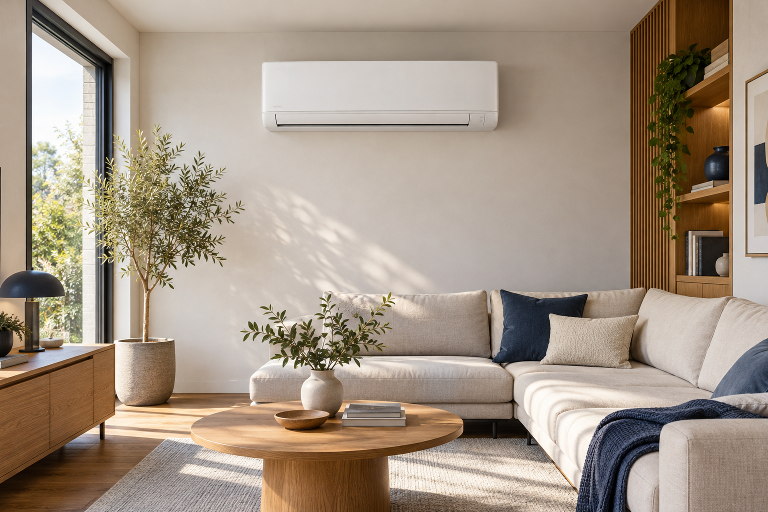 Wandklimagerät in einem hellen Wohnraum – illustrative Darstellung