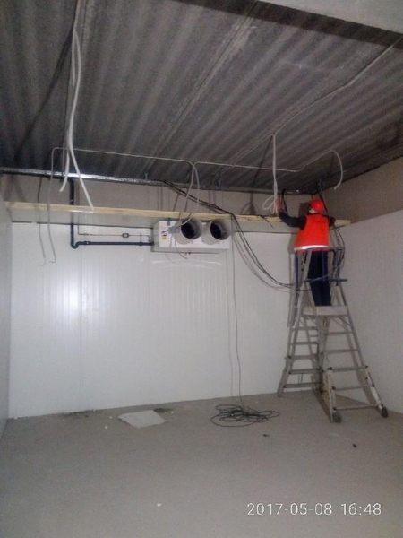 Montagearbeiten an einer Hallendecke mit Arbeitsleiter